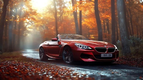 Crimson convertible glides through a glowing autumn forest road