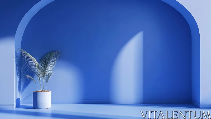 Soft blue archway cradling a graceful potted palm plant.