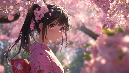 Girl in pink kimono stands under dense cherry blossoms