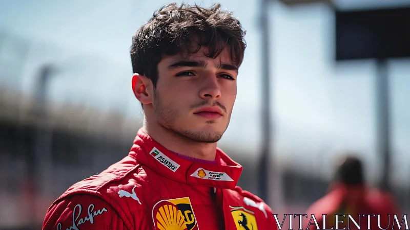 Young racing driver gazes ahead in bright red suit.