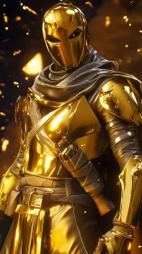Gold armored masked figure in cinematic fiery environment.