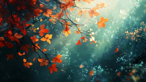 Red and orange leaves hang over soft teal forest light