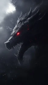 Stormlit shadow dragon with glowing eyes in misty night.