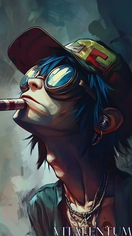 Stylized youth portrait with goggles, cap, and lollipop.