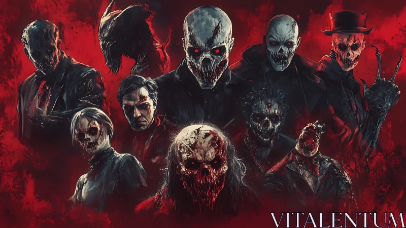 Group of skeletal horror figures posed against blood red backdrop