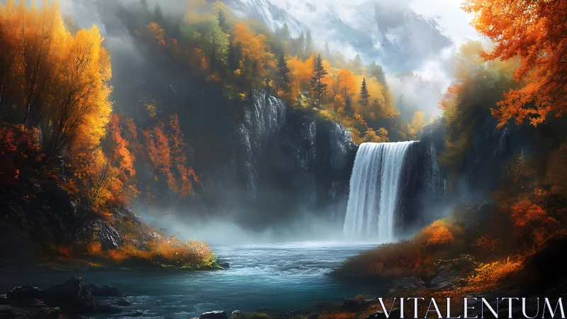 Autumn cascade beneath misty cliffs in luminous forest.