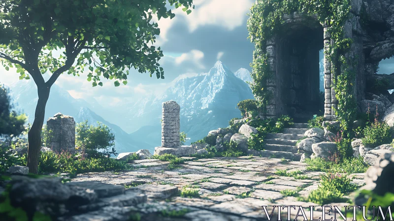 Sunlit mountain ruins framed by lush, overgrown greenery.