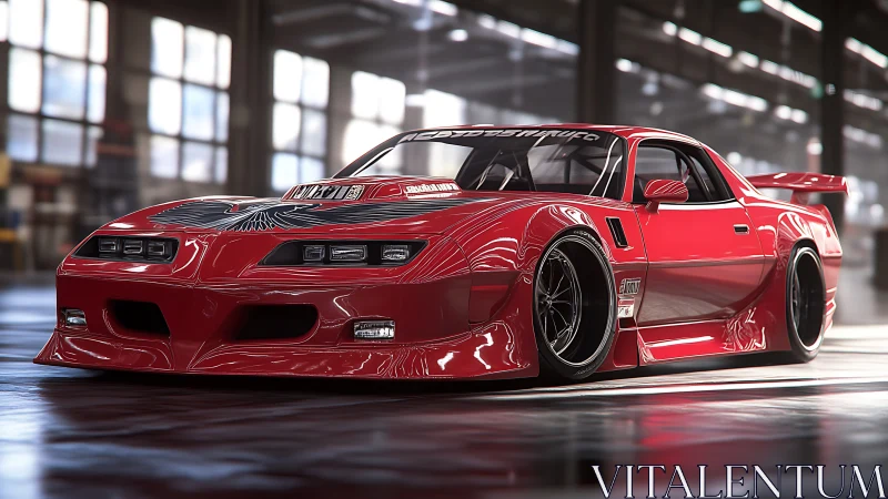 Low-slung crimson muscle car prowling a gleaming warehouse.