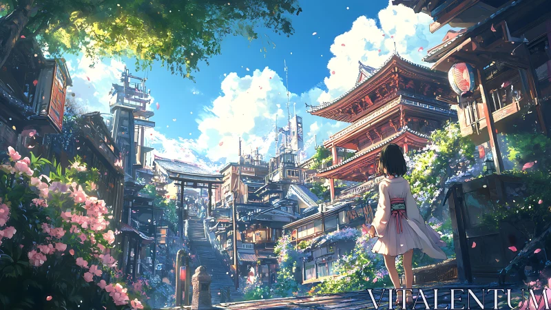 Layered neo-traditional hillside cityscape with lone girl viewpoint.
