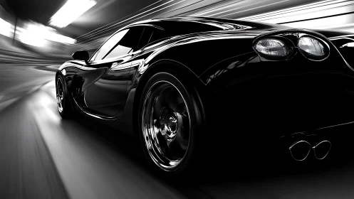 Sleek black supercar racing through blurred tunnel lights.