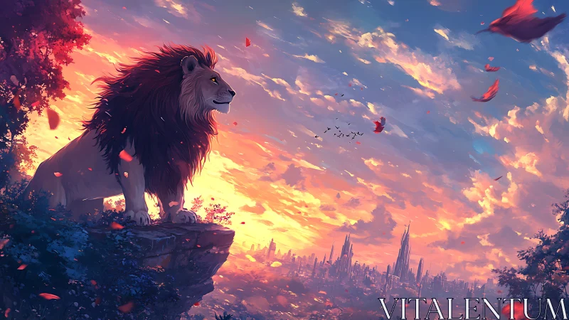 Lion on cliff at sunset above distant fantasy city.