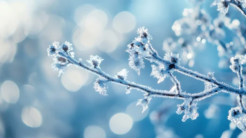 Macro study isolates frost crystals on winter shrub branch