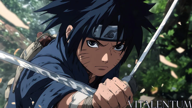 Intense anime warrior lunging forward with twin blades.