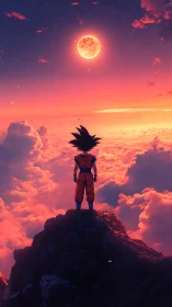 Lone warrior gazes at glowing moon above blazing clouds.