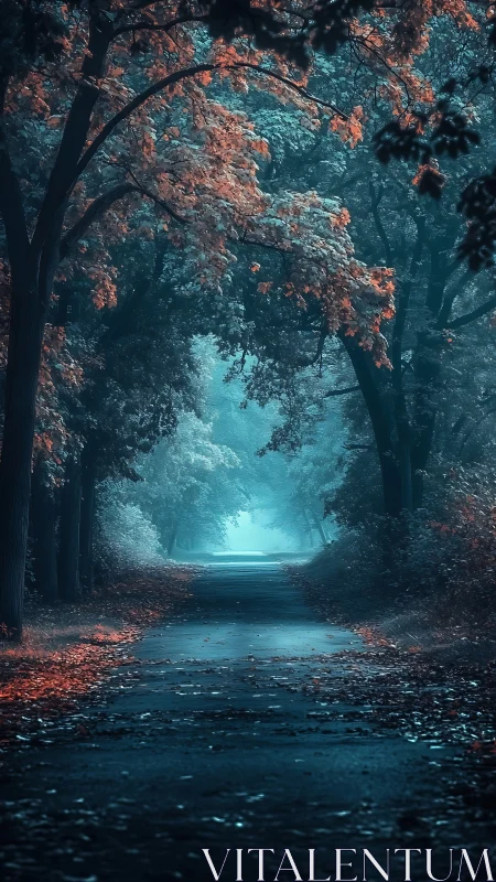 Forest tunnel convergence with warm canopy foliation against cool atmospheric path vanishing point