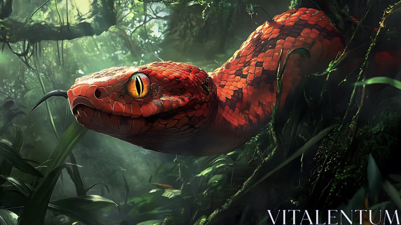 Crimson jungle serpent glides through mist-lit emerald shadows.