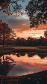 Photorealistic autumn golf course pond at sunset reflection.