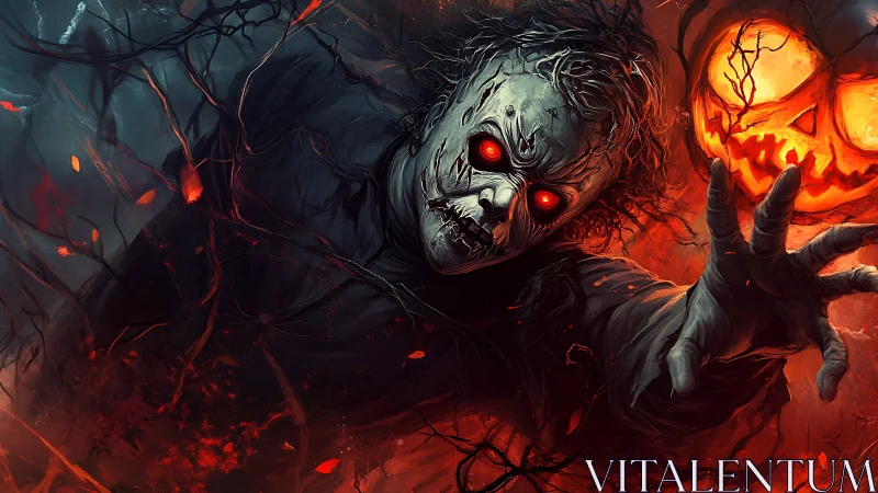 Hollow-eyed ghoul lunges from ember-lit Halloween gloom.