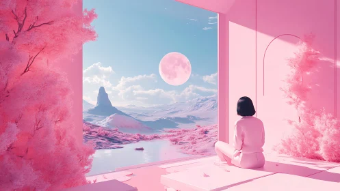 Digital painting of pink lunar landscape viewed from minimal room.
