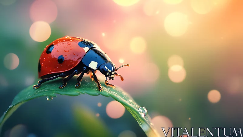 Gentle morning stroll of a ladybug on a dewy green leaf.