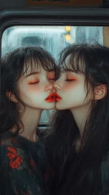 Two Figures with Closed Eyes in Rainy Vehicle Interior.