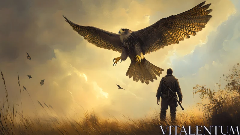 Majestic Hawk and Man in Dramatic Sunset Landscape, Digital Art.