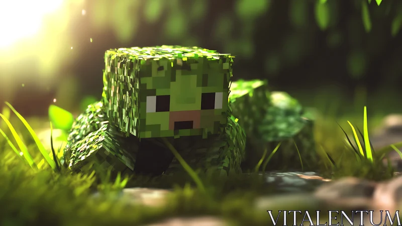 Voxel moss creature in sunlit macro forest environment