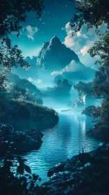 Mountainous river valley is rendered under cyan twilight
