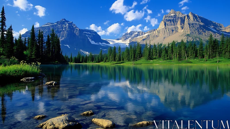 Alpine lake reflects conifer forest and stratified mountain massif