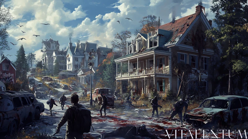 Post-apocalyptic suburb street rendered in cinematic digital detail