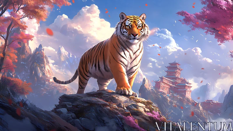 Mountain temple guardian tiger beneath swirling autumn sky.