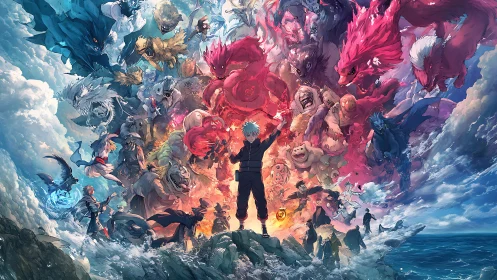 Central figure facing converging spectral creatures in sky.