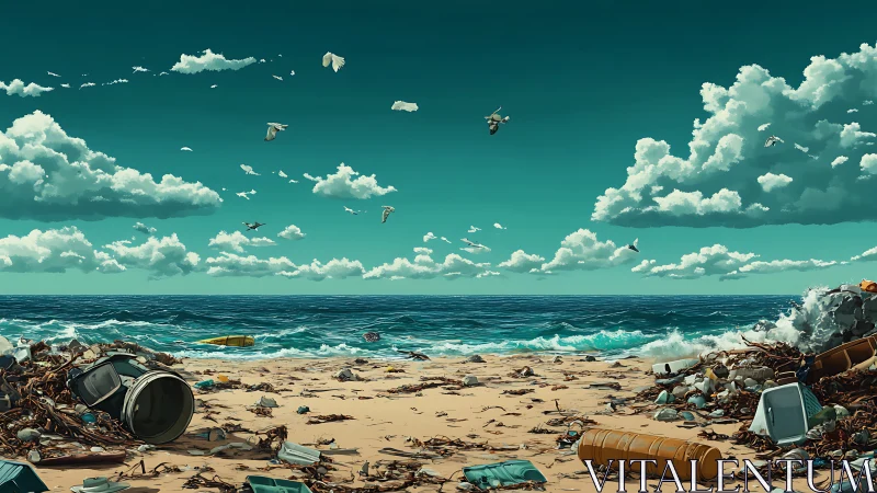 Polluted ocean shoreline contrasts pristine clouds and sky