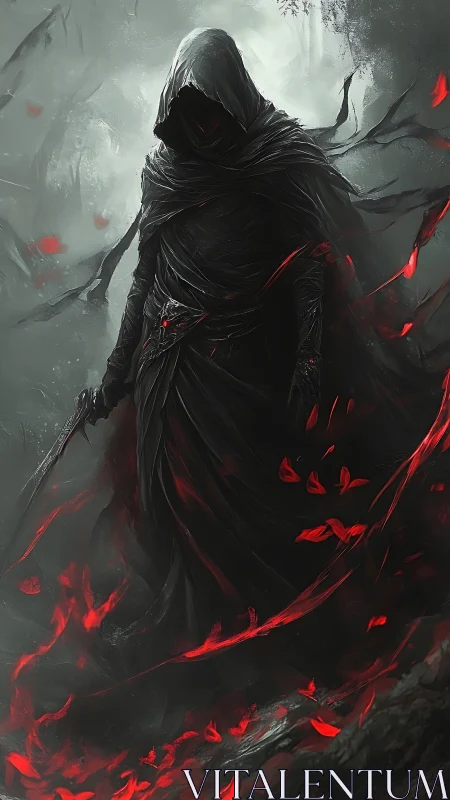 Hooded shadow wanderer walking through crimson embers.