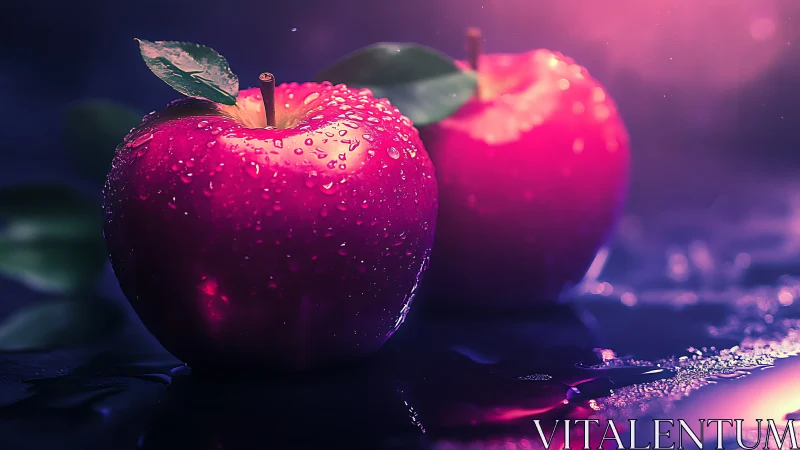 Moody close-up of two red apples with water droplets.