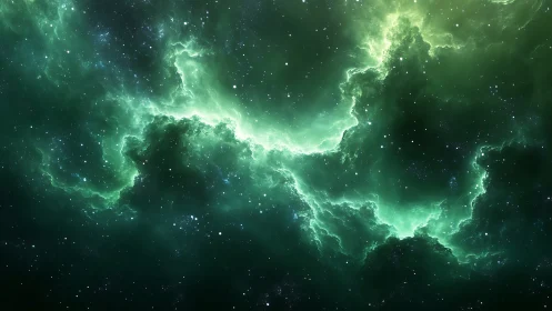 Digital nebula panorama with luminous emerald radiation fields.