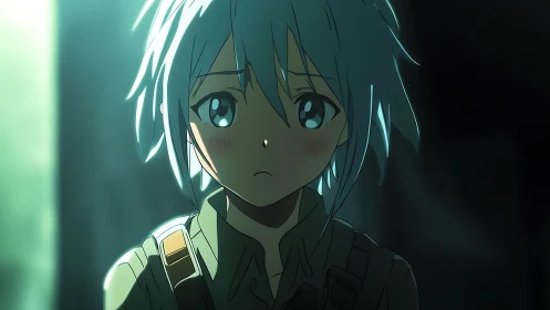 Quiet anime hero in soft light with a tender, worried gaze.