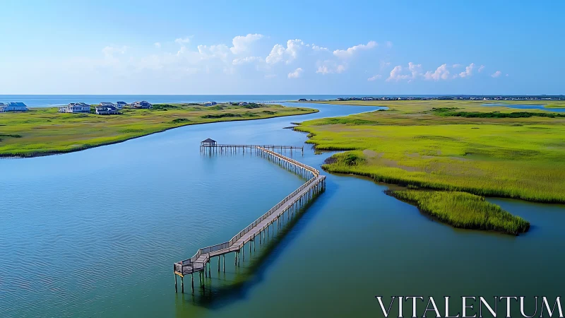 Elevated boardwalk curves through coastal marsh estuary.