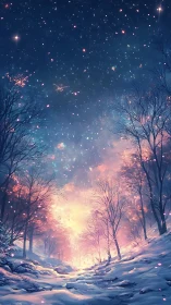 Enchanted winter forest glows beneath a starlit sky