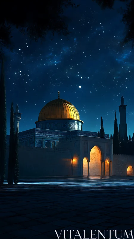 Golden domed sanctuary glowing under a peaceful night sky.
