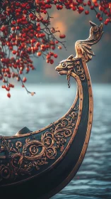Ornate dragon‑prowed wooden longboat beneath red berries