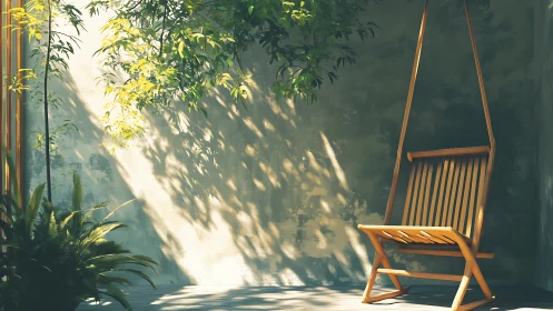Sunlit wooden swing chair rests in a tranquil garden corner.