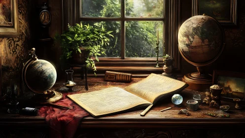 Sunlit scholar’s desk of maps, globes, and secret journeys.