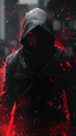 Hooded figure stands in red-illuminated, high-contrast scene