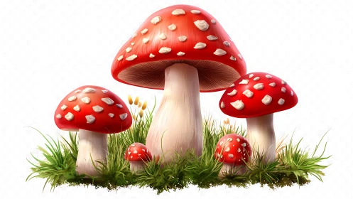 Crimson toadstools hold a tiny forest council in bright grass