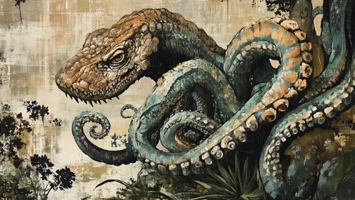 Hybrid reptile-kraken creature coils through weathered jungle.