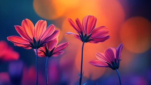 Neon Cosmos Daisies Glowing Against Warm Gradient.