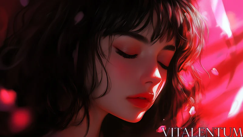 Chromatic portrait of serene woman in radiant red bloom field.