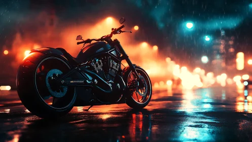 Custom motorcycle stands on wet city street in night rain