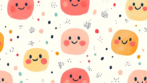 Playful pastel smiley pattern with floating confetti dots.